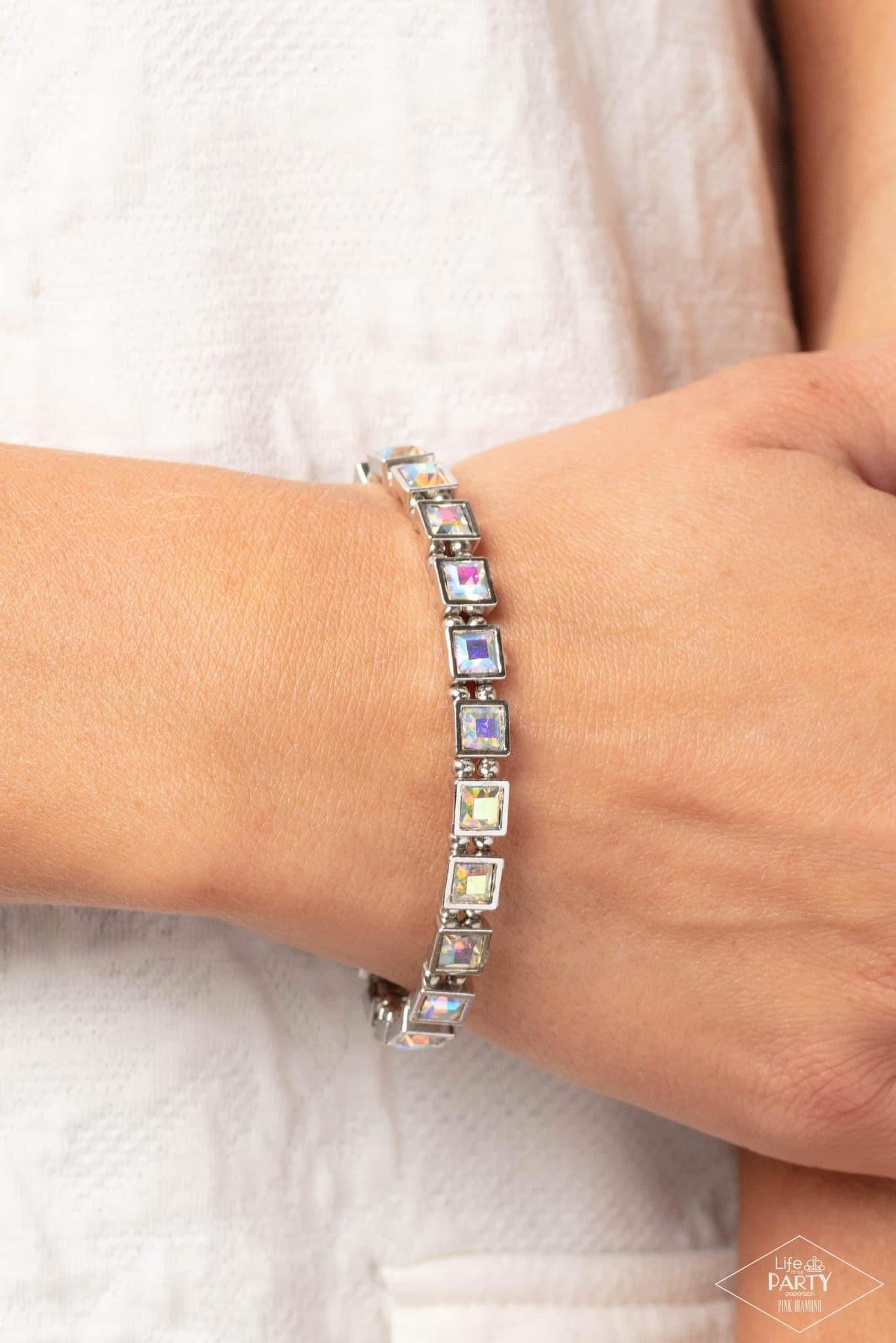 A GLAM OF FEW WORDS - MULTI IRIDESCENT SQUARE GEM SILVER STRETCHY BRACELET - PAPARAZZI